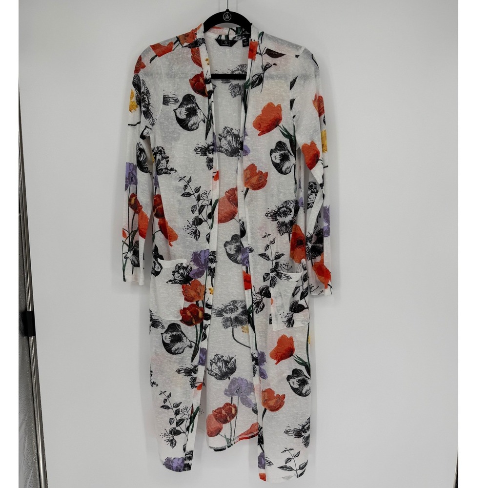 G by Giuliana Floral Duster Cardigan White Orange Poppy Print Longline MP Womens